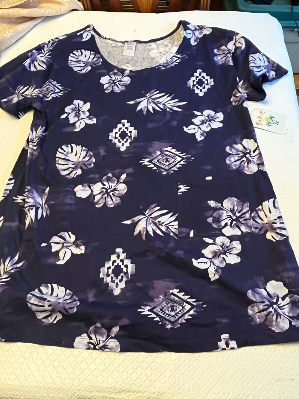 2- Tropical Floral Scoop Neck Beach Cover-Up DRESSes XL Blue teal Tahiti fish